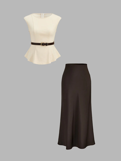Ensemble élégant : haut péplum ceinturé et jupe midi en satin