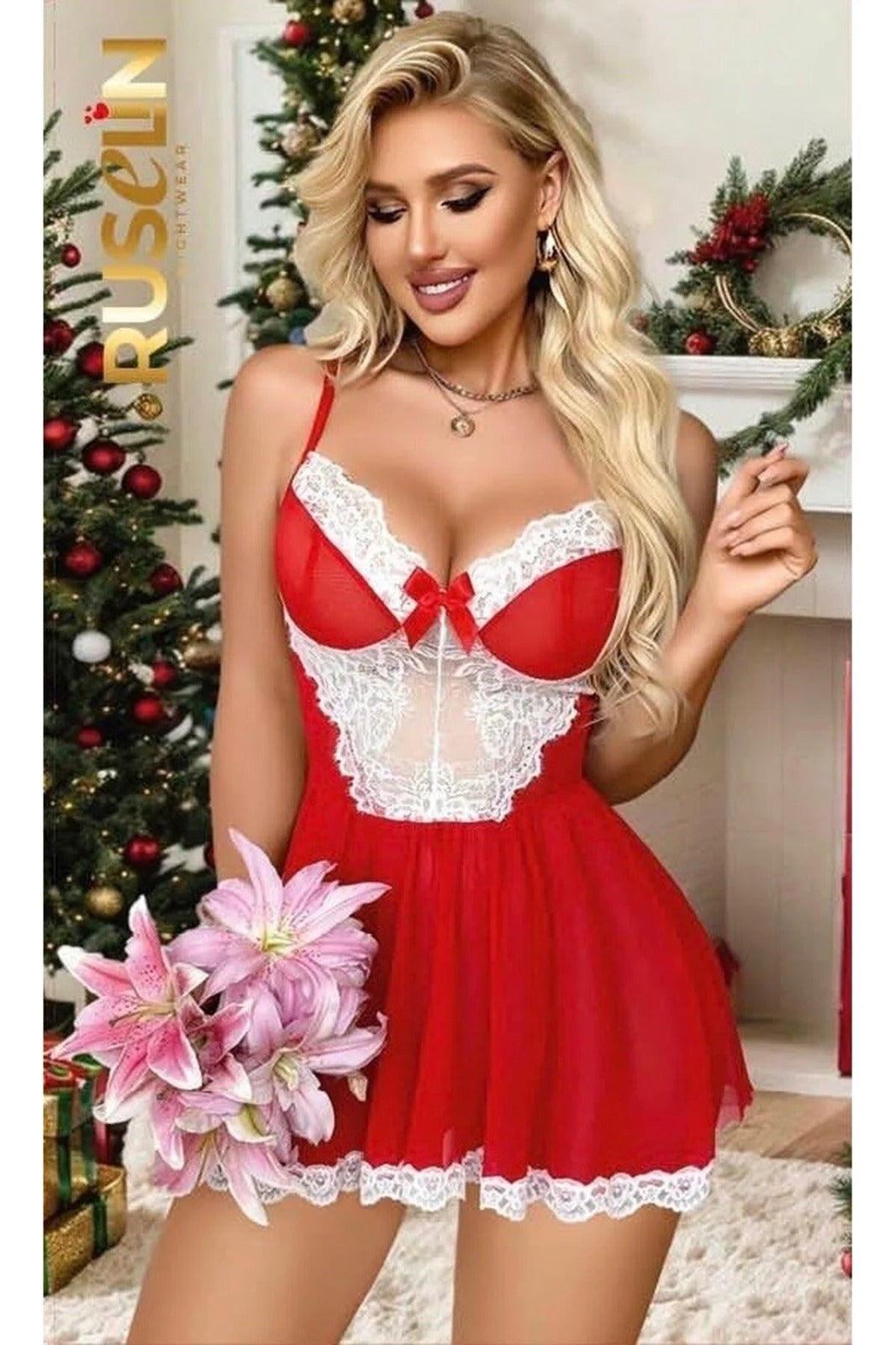 Nuisette de Nuit "Esprit de Fête" – Modèle Rouge et Blanc en Dentelle